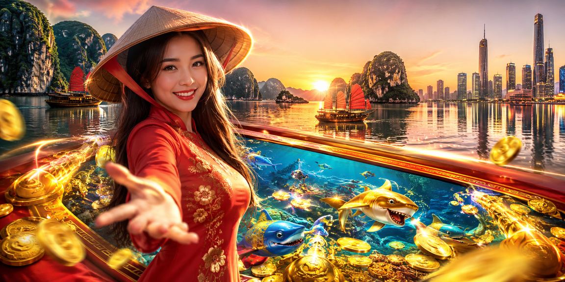 Cảnh vịnh Hạ Long kết hợp trải nghiệm casino và slot jackpot trên điện thoại